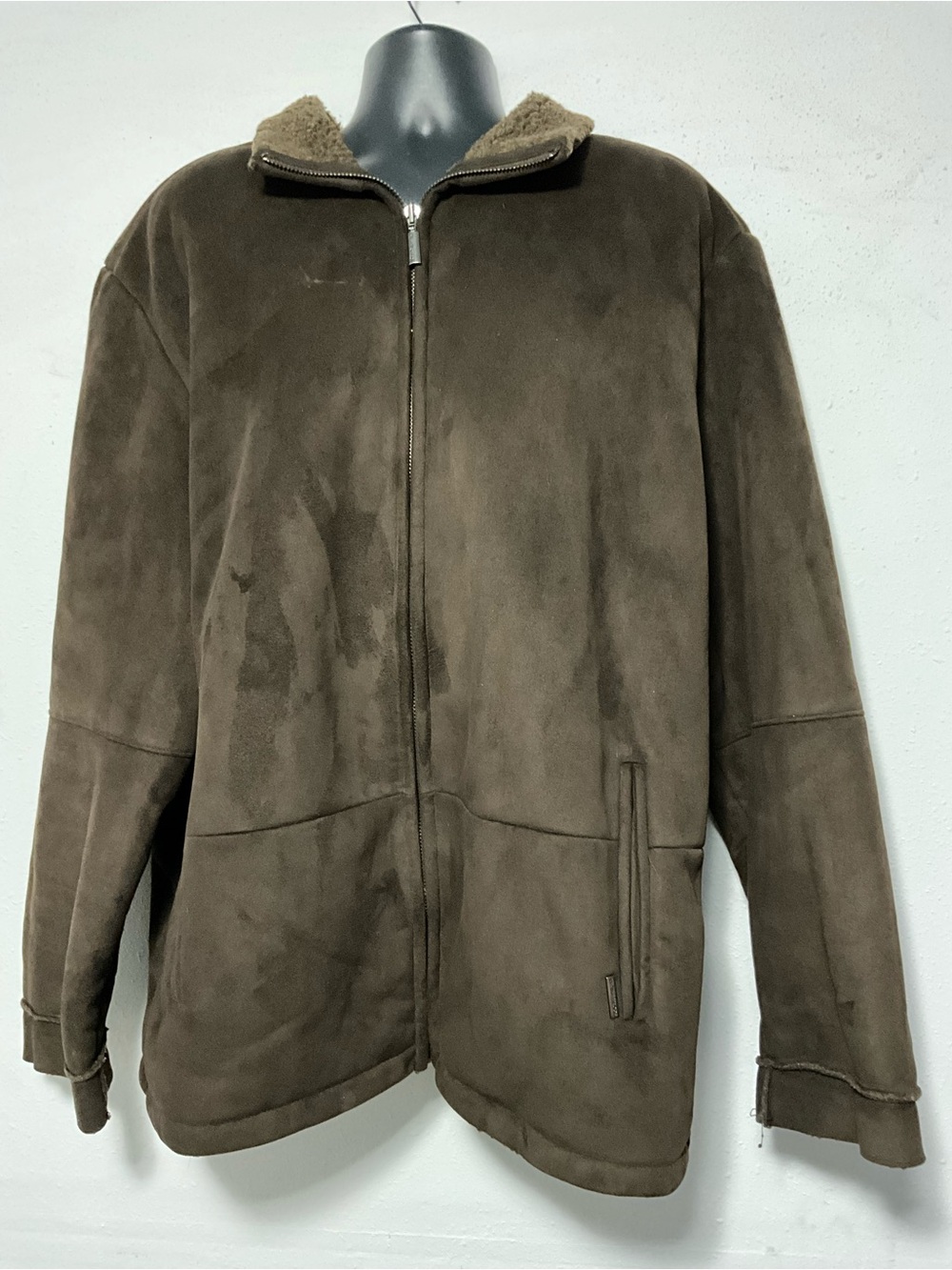 Weatherproof Mens XXL Faux Suede Sherpa Lined Jacket Brown Full Zip Heavy Coat